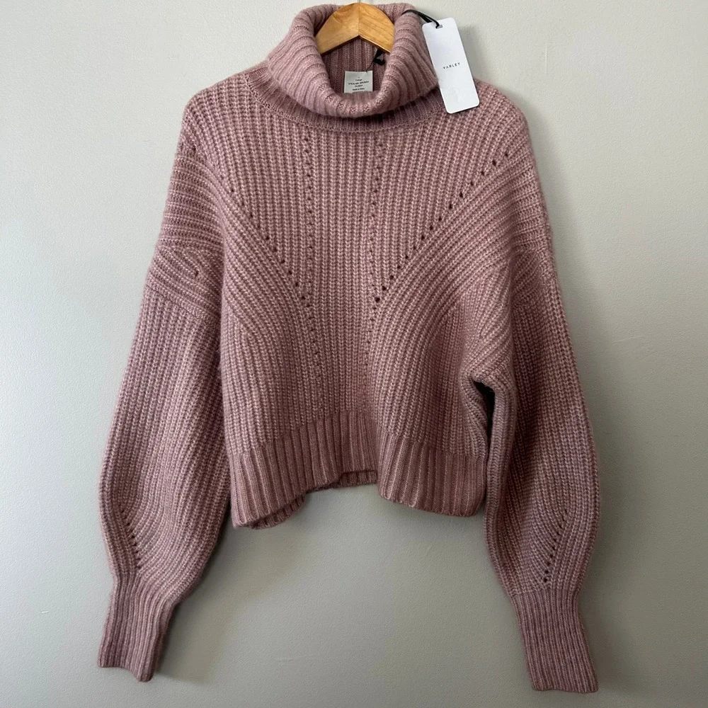 Varley Rogan Cropped Knit Sweater Womens Large Woodrose Pink Turtleneck NWT